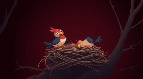A fine art photograph capturing the whimsical scene of two cartoon birds diligently building a nest, rendered in the charming
