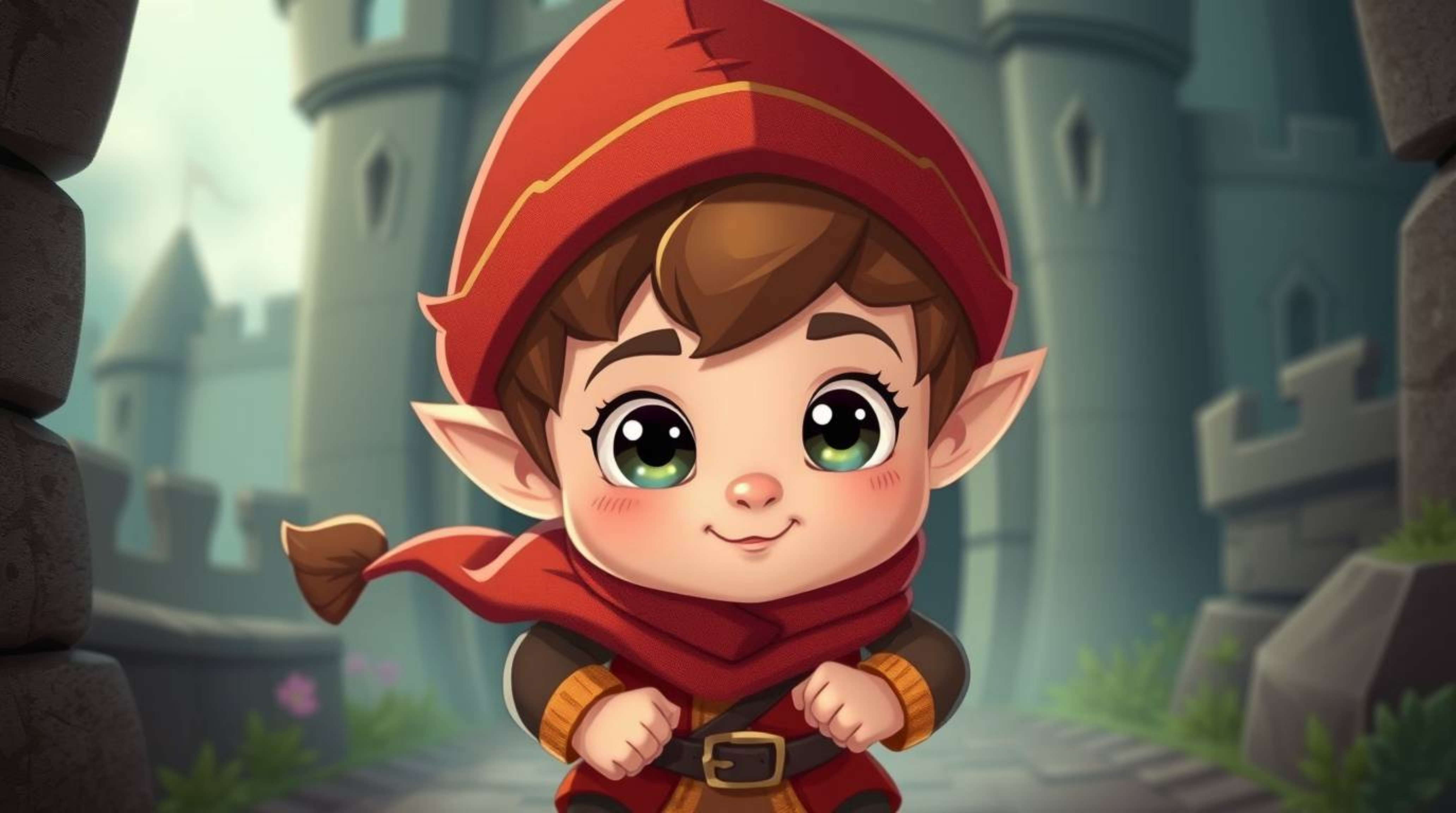 A charming and undeniably cute thief, possessing soft features and bright eyes, attempts a daring heist, sneaking into a heav