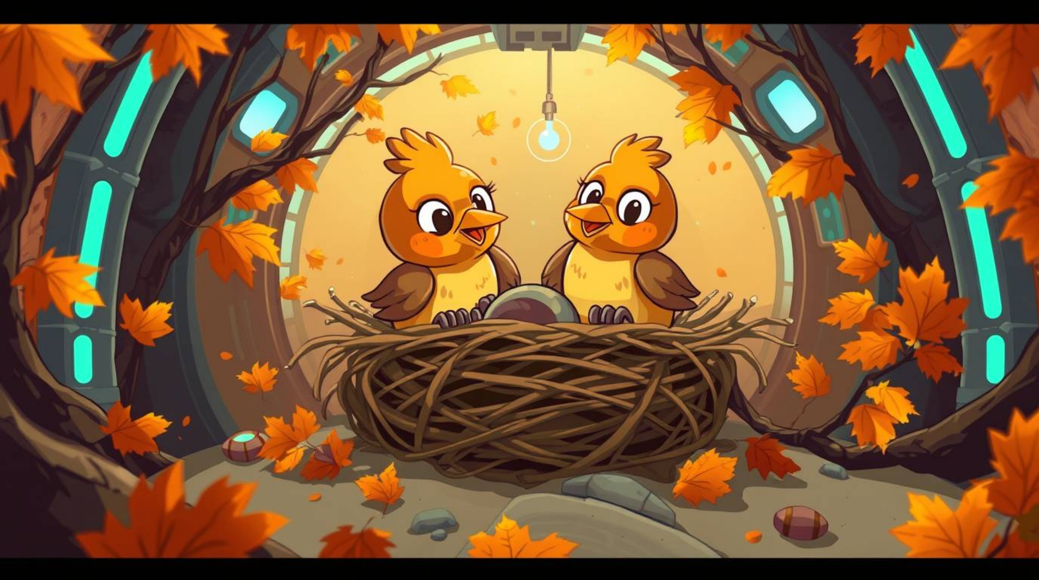 Delightful animation featuring two cartoon birds building a nest in a unique blend of classic animation style and futuristic