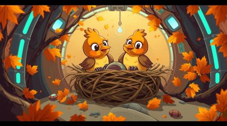 Delightful animation featuring two cartoon birds building a nest in a unique blend of classic animation style and futuristic