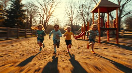 Experience a dramatic slow-motion run through a playground, rendered in a classic oil painting style.  The scene is bathed in