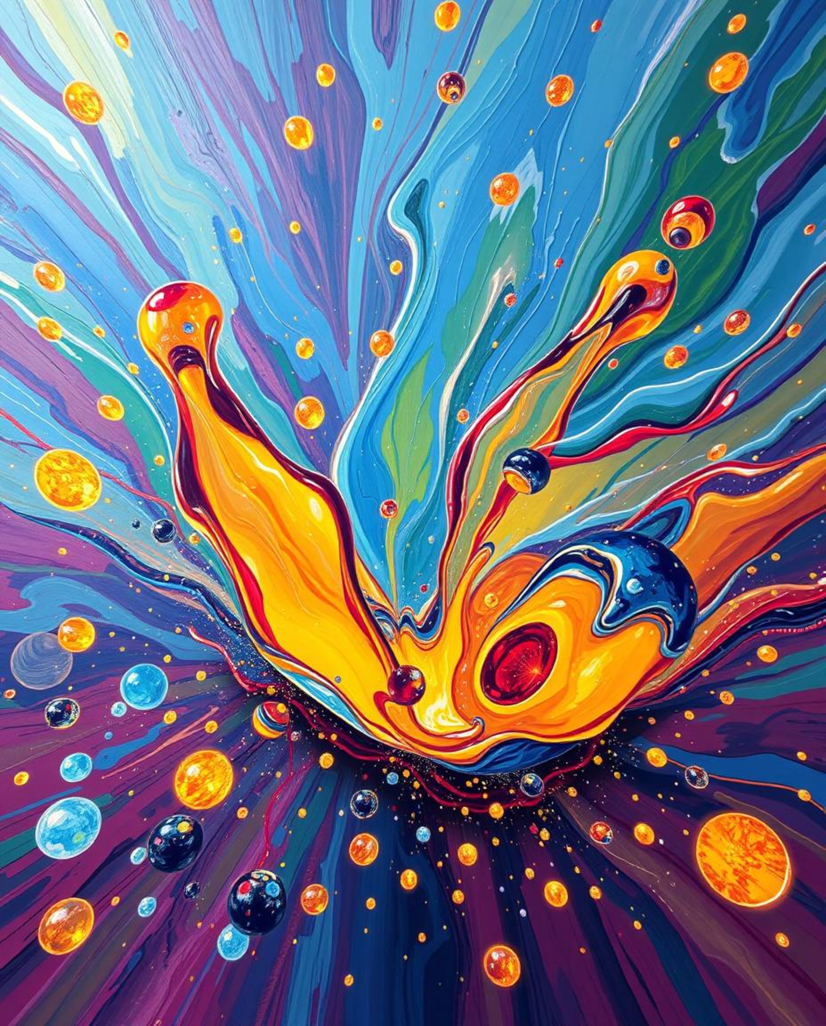 A high-angle perspective, bold acrylic painting showcases glassy fluid 3D shapes in dynamic motion, beautifully surrounded by