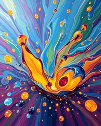 A high-angle perspective, bold acrylic painting showcases glassy fluid 3D shapes in dynamic motion, beautifully surrounded by