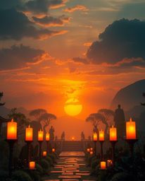 Sculptural clay art depicting a sunset over a serene Zen garden in warm autumn colors, showcasing earthy and cozy modeled sha