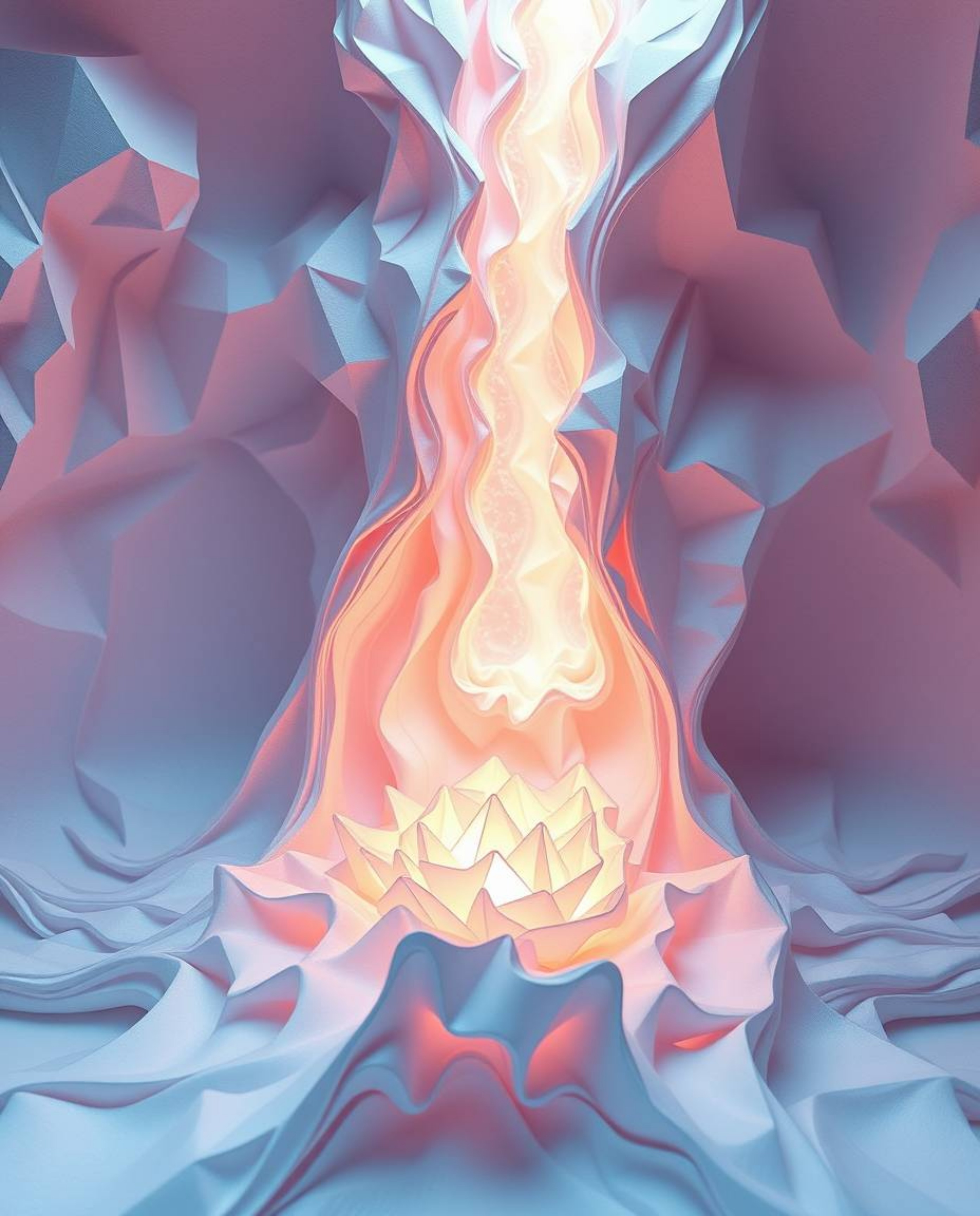 Discover intricate origami-style artwork radiating an ethereal spiritual vibe. This piece showcases surreal 3D fluid shapes, 
