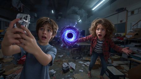 A highly detailed, cinematic photograph, reminiscent of Pixar's vibrant style, captures a tense and chaotic science fair scen