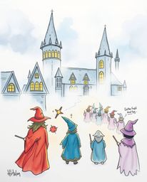 Explore a whimsical, hand-drawn sketchnote depicting a magical school shrouded in thick fog, its low visibility adding an air
