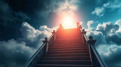 A precise architectural color photograph capturing a surreal stairway winding through smoky clouds toward a bright celestial 