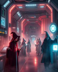 Imagine a futuristic sci-fi magical school brimming with young wizards, where advanced technology intertwines with ancient sp
