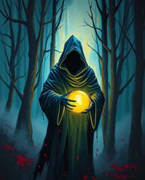 A cloaked figure stands shrouded in mystery within a misty forest, holding a radiant, glowing orb. This captivating image, re