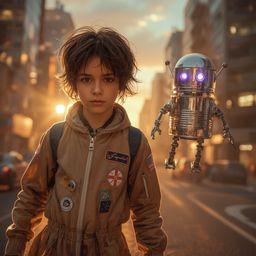 A captivating high-fashion photography piece in a vibrant Pixar style depicts a boy with messy brown hair and curious eyes, t