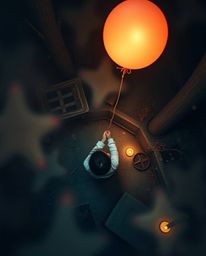 Experience a dreamlike, ethereal atmosphere with this overhead bird's eye view image. A child holds a balloon in a mystic and