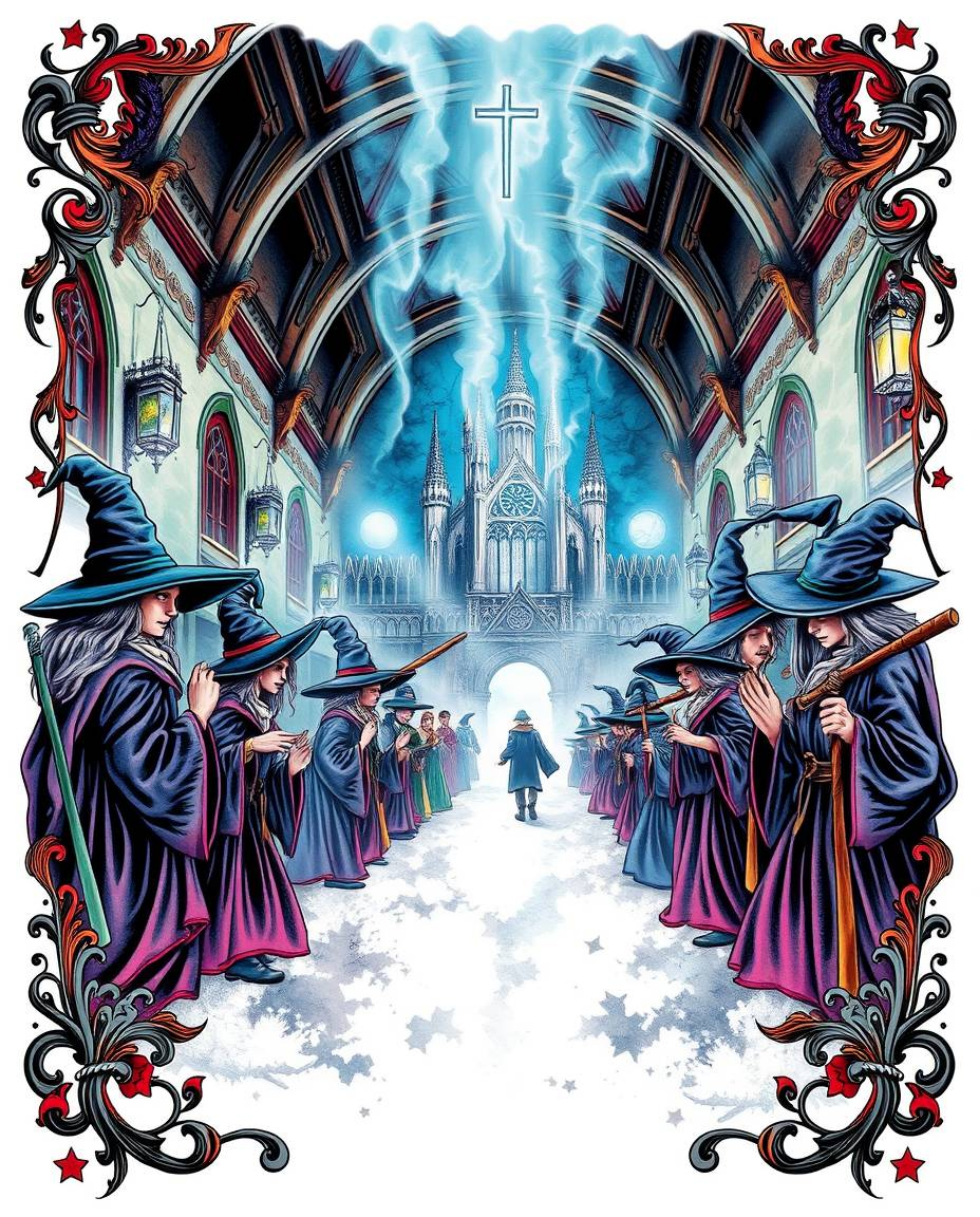 This traditional tattoo art print depicts a magical school bustling with young wizards.  Volumetric lighting beams cut throug