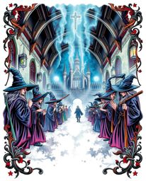 This traditional tattoo art print depicts a magical school bustling with young wizards.  Volumetric lighting beams cut throug