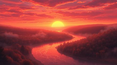 A captivating Isekai anime-style artwork depicting a winding river glowing under a dramatic orange-pink sunset.  Warm autumn 