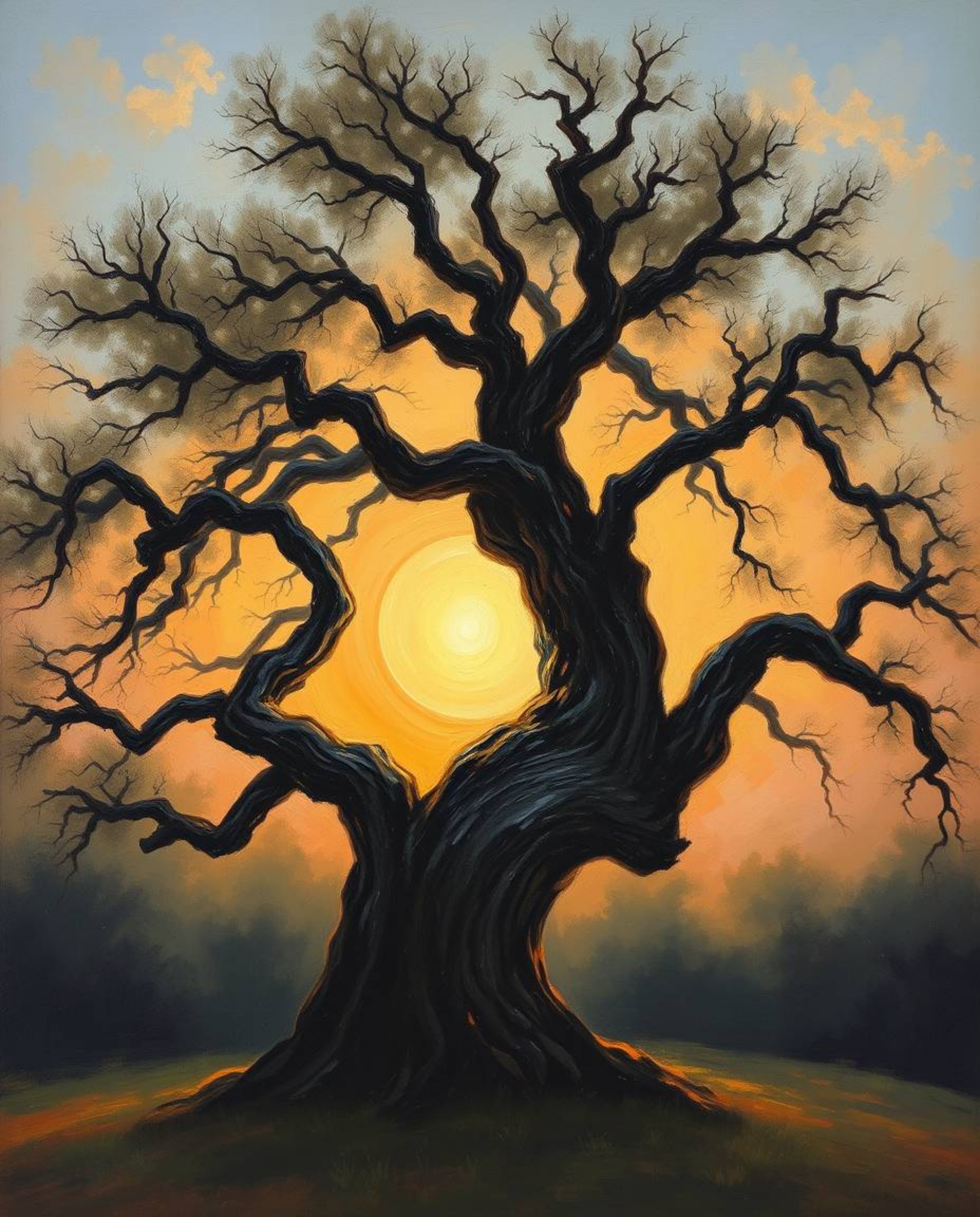 A classic oil painting of a sunset behind an old oak tree with twisted branches, exhibiting rich textures, visible brushstrok