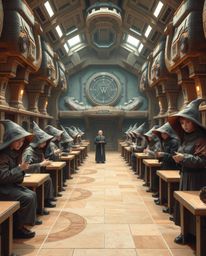 Explore a futuristic sci-fi vision of a magical school, imbued with natural earth tones like browns and beiges. This scene bl