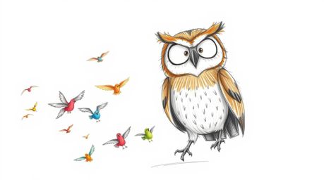 A heartwarming hand-drawn sketch in the style of Pixar depicts a gentle, blind owl with soft, textured pencil strokes leading