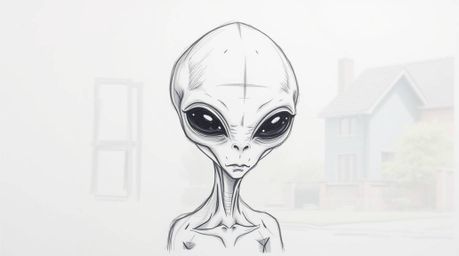 A captivating hand-drawn sketch depicts an alien with smooth skin and large, black eyes, seamlessly integrated into the munda