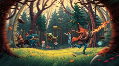 Immerse yourself in a surreal, dreamlike illustration depicting a thrilling chase through a looping forest. This artwork feat