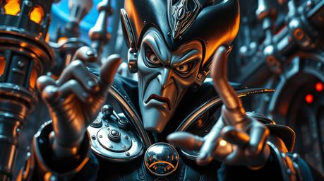 A captivating close-up reveals a classic Disney villain, imbued with futuristic sci-fi elements, casting a spell within a gle