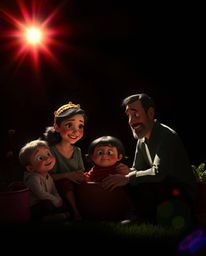 A Pixar-style family reunion scene rendered in intense jet black with deep shadows, vibrant colors, and bright lens flare str