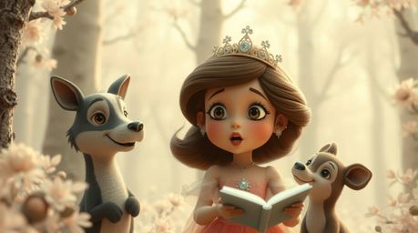 A charming princess with adorable features sings alongside forest animals in a captivating vintage 2D animation style. The su