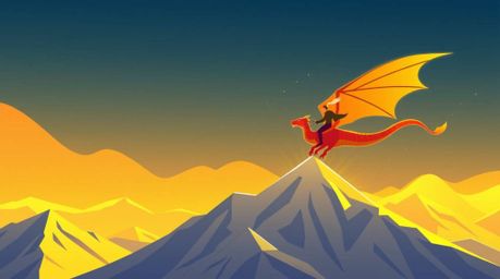 A modern flat design piece featuring a warm golden glow, depicting a stylized dragon and rider soaring above simplified, flat
