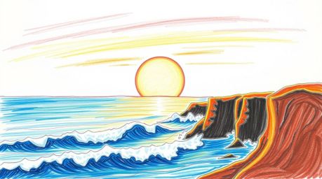 A vibrant hand-drawn sketch depicting waves crashing against cliffs under a blazing sunset.  The artwork features rough lines