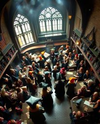 Discover a breathtaking high-angle view of a magical school brimming with young wizards.  This enchanting scene offers a broa
