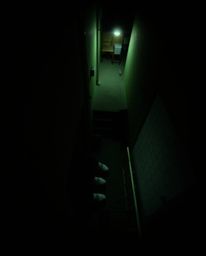 A high-angle perspective captures eyes watching from the shadowy depths of an alley at night, creating an elevated and myster
