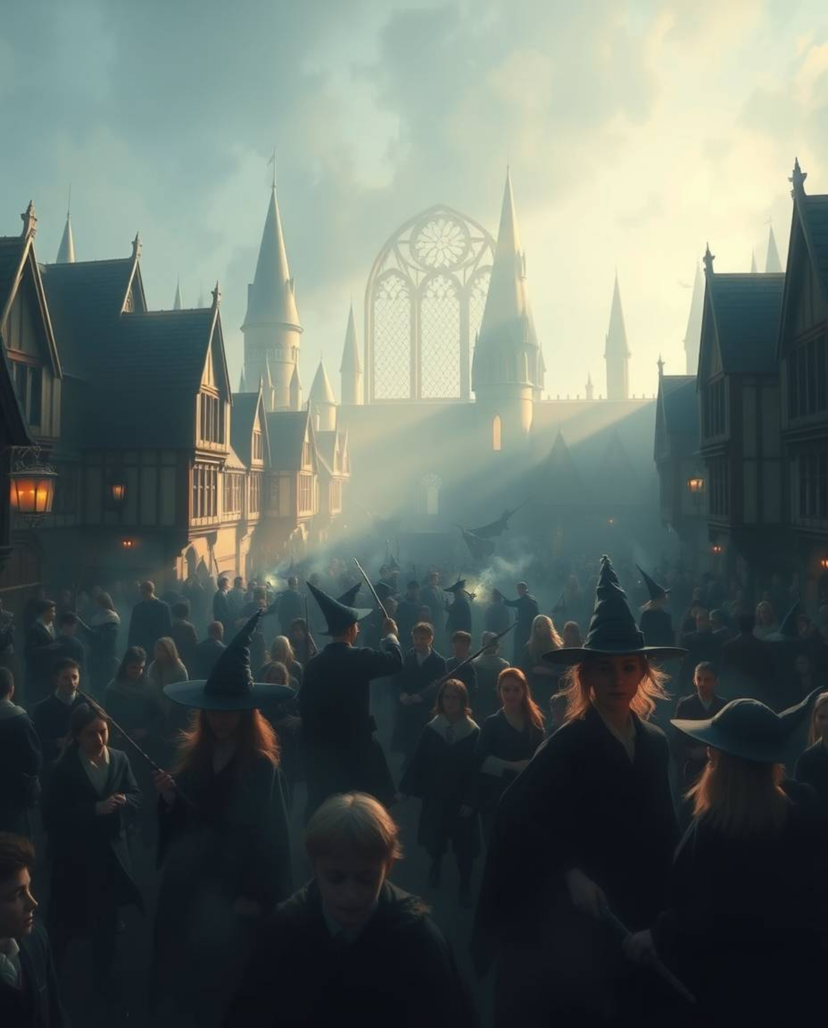 Immerse yourself in a dreamy atmosphere at a magical school filled with young wizards, rendered with hazy, soft light and mut