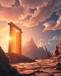 A low-angle, Isekai anime-style image featuring an ancient doorway glowing with runes, nestled in the side of a mountain. Bat