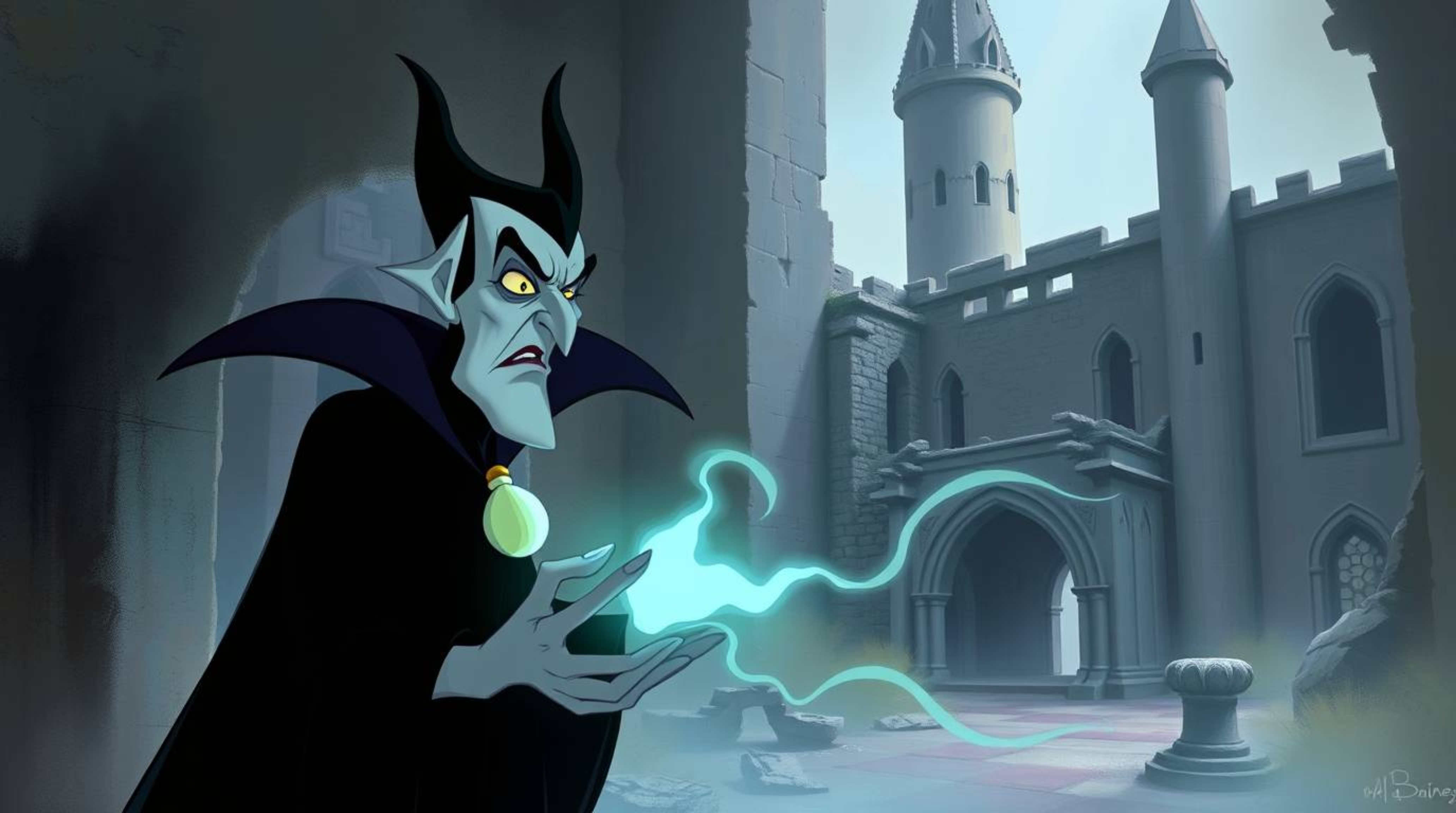 A captivating digital painting of a classic Disney villain, rendered in soft pastel colors. The villain, with sharp features