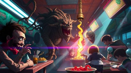 A digital painting depicting a chaotic and unsettling food fight in a cartoon cafeteria.  The scene is vibrant with bright co
