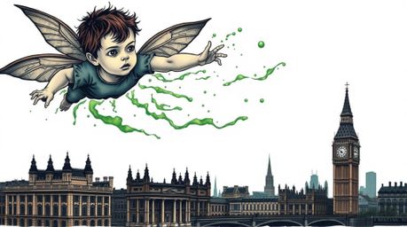 A captivating illustration in a symbolic traditional tattoo style depicts a pale-skinned boy with dark eyes, soaring above th