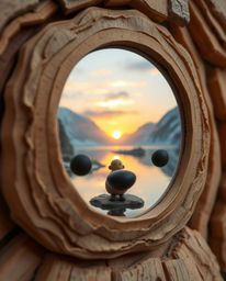 A charming and cute, layered papier-mâché sculpture reflecting a sunset in a glassy fjord. This delightful artwork, captured 