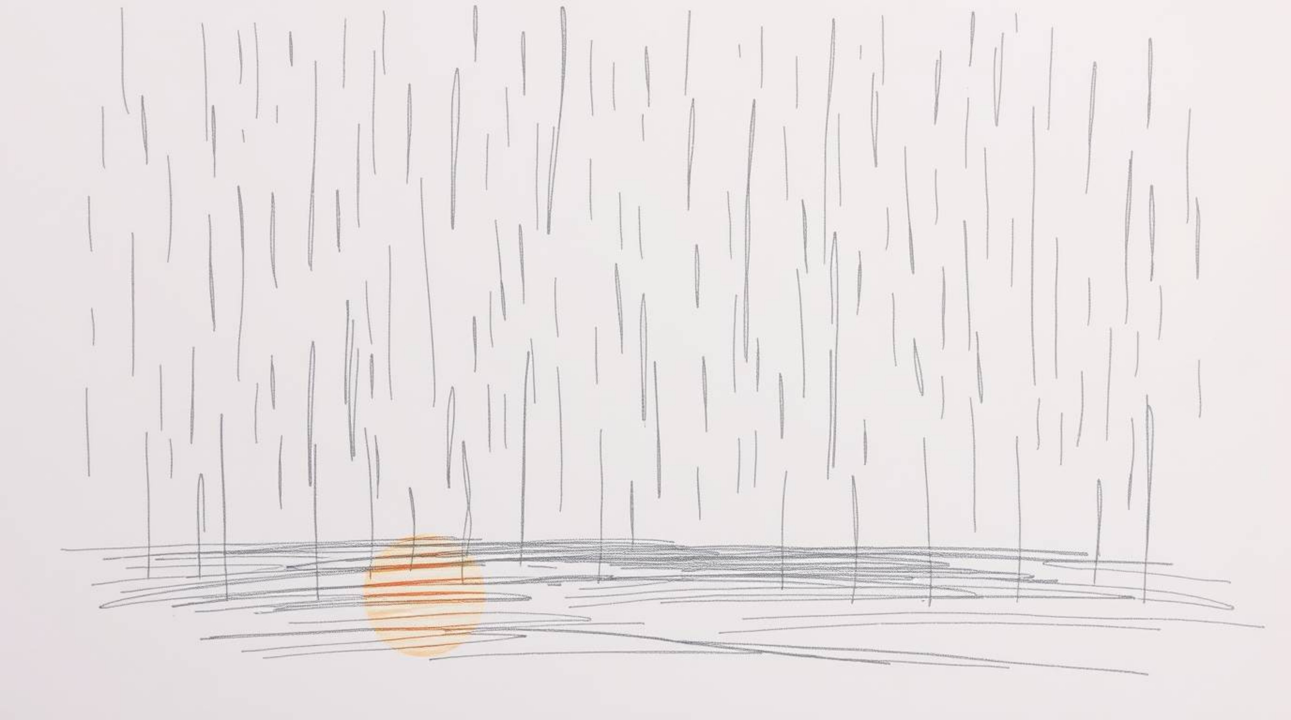 A captivating hand-drawn sketch portrays a wet, rainy scene during a thunderstorm, brilliantly illuminated by the setting sun