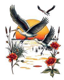 A traditional tattoo design featuring a Golden hour wetlands scene with herons in flight, set against a white background. Thi
