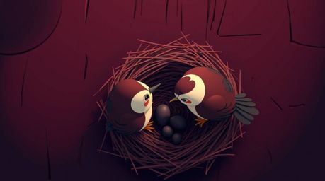 A sophisticated and elegant animation showcasing two cartoon birds meticulously constructing a nest. This overhead, bird's-e