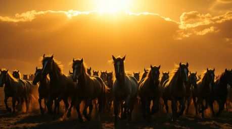 Capture the breathtaking beauty of a herd of wild horses galloping across the landscape under a vibrant, glowing sky. This ci
