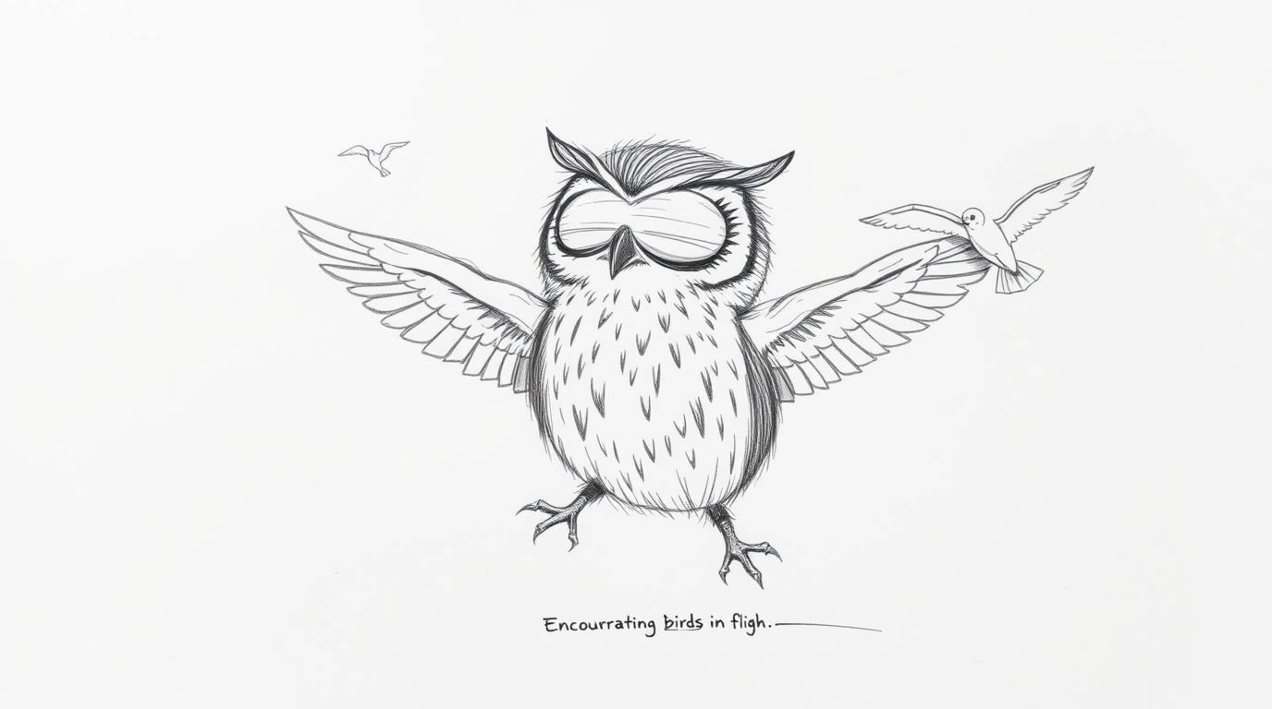 A heartwarming hand-drawn sketch depicting a Pixar-style blind owl teaching birds how to fly. Rendered with rough pencil stro