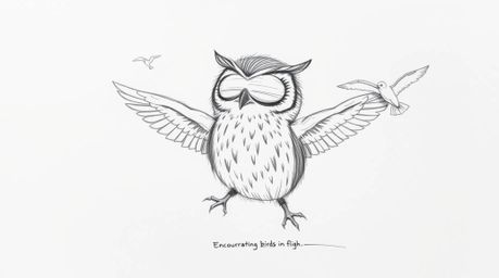 A heartwarming hand-drawn sketch depicting a Pixar-style blind owl teaching birds how to fly. Rendered with rough pencil stro