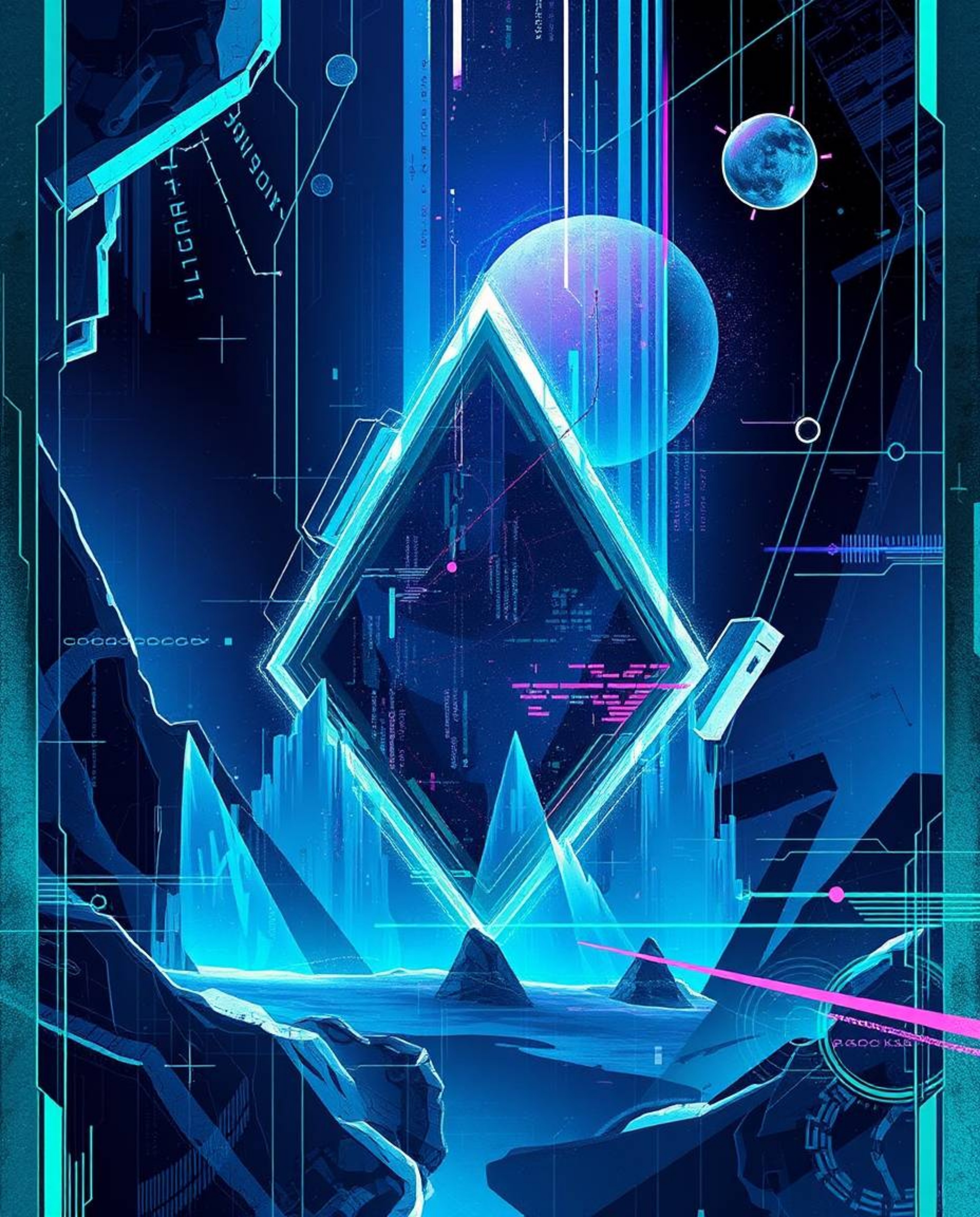 A captivating futuristic sci-fi digital painting showcases abstract shapes with glitch effects, fragmentation, and scanlines.