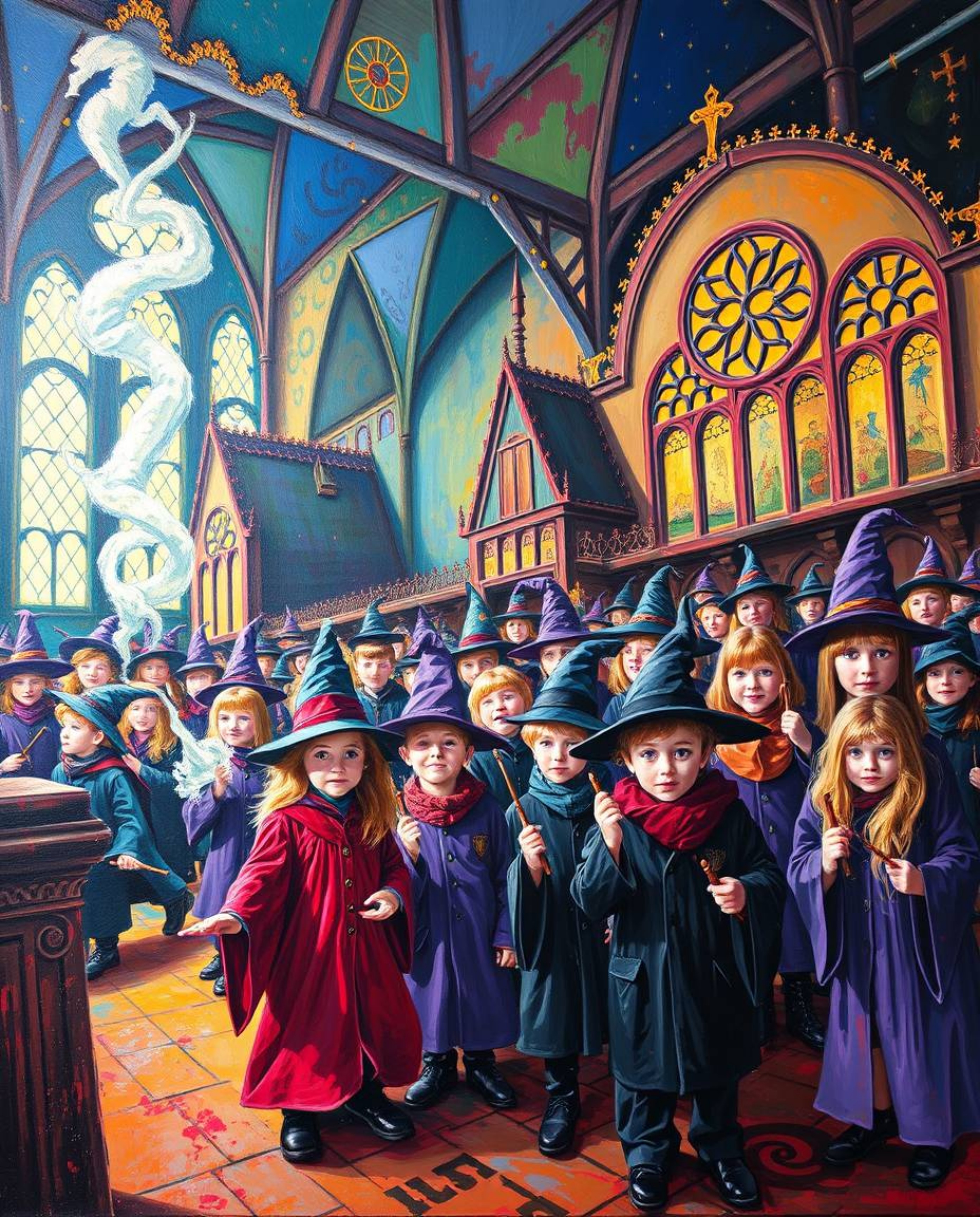 A captivating acrylic painting depicts a magical school brimming with young wizards. The artwork boasts vibrant colors, text