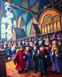 A captivating acrylic painting depicts a magical school brimming with young wizards. The artwork boasts vibrant colors, text