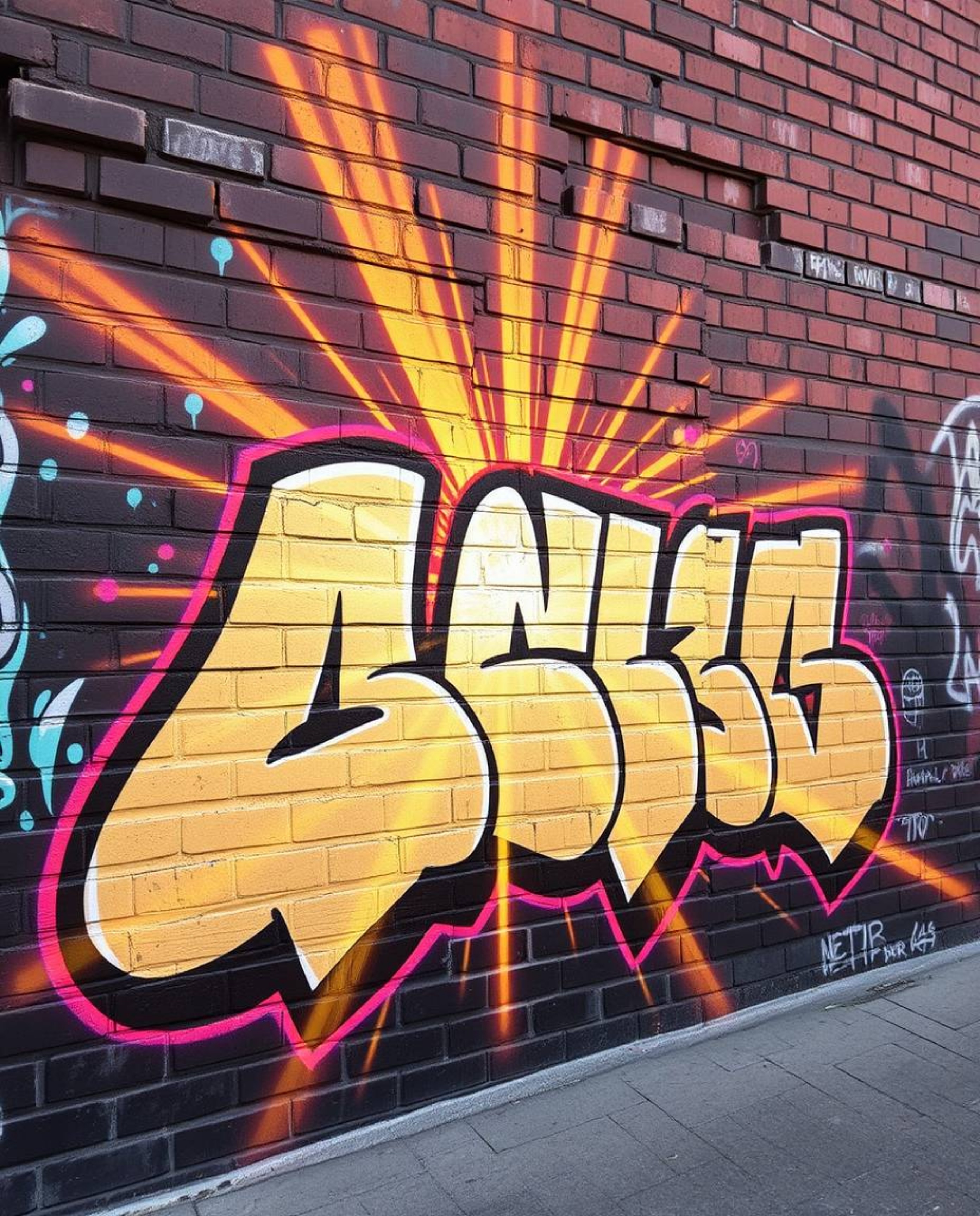Discover stunning, radiant graffiti art on a brick wall.  This captivating image showcases warm golden glows and vibrant, col
