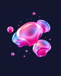 A modern flat design illustration showcasing intensely lit, floating 3D blobs of vibrant, fluid jelly. Emphasizing synthetic 