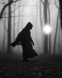 A captivating dynamic black and white photograph showcasing a classic style with a cloaked figure standing within a misty for