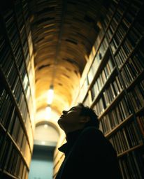 A captivating low-angle photograph depicts a figure with obscured features uncovering a clandestine underground library. The 